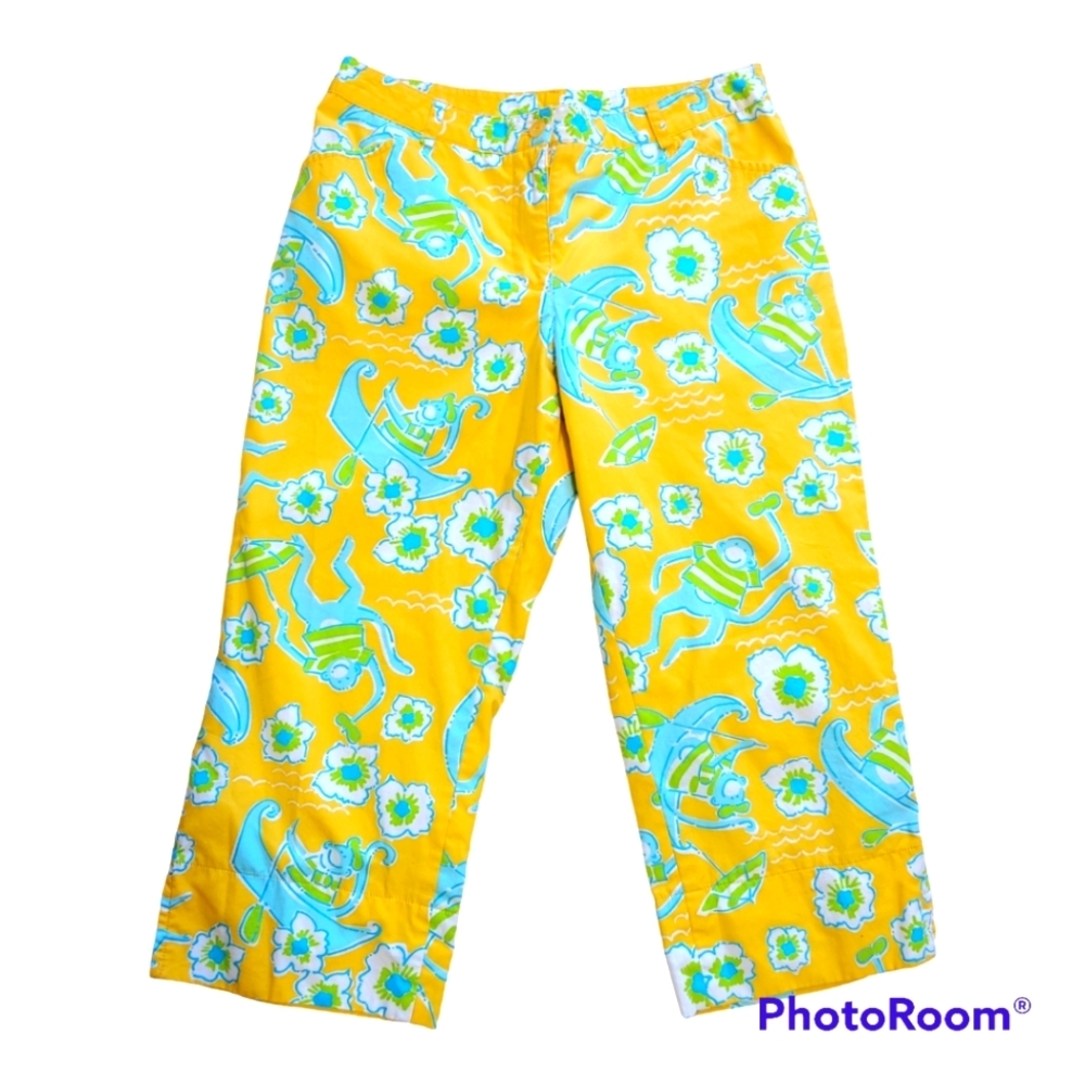 Lilly Pulitzer capris girl's banana boat monkey print size 10 yellow blu…
